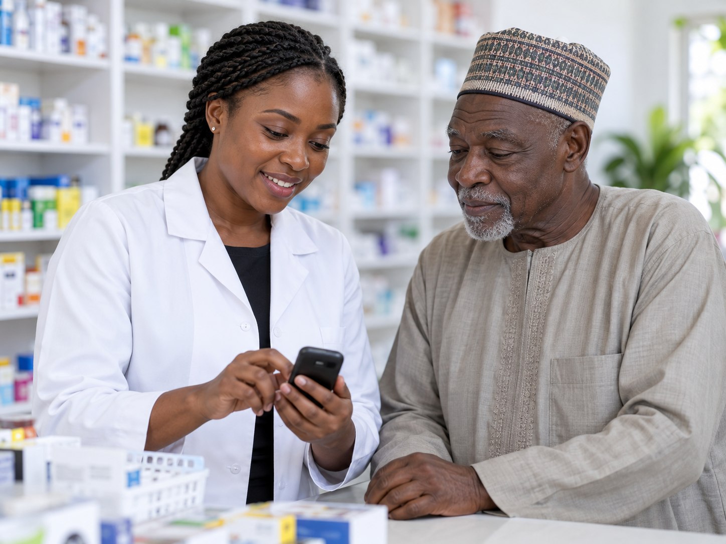 Nigerian pharmacist helping a customer with a mobile reminder