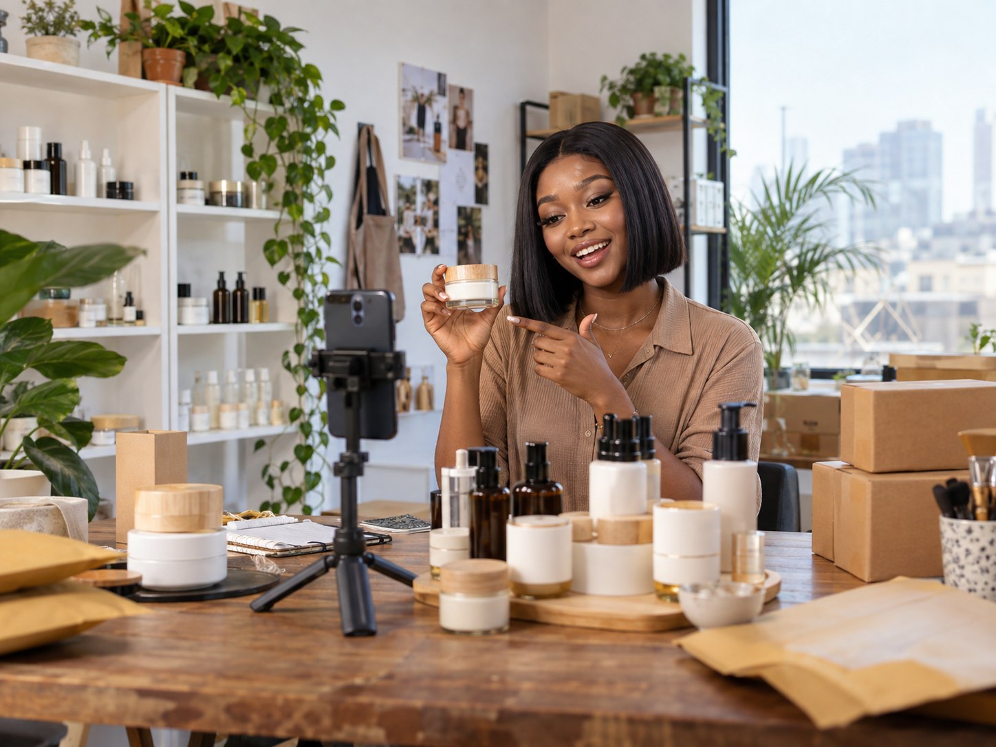 Nigerian skincare founder filming a product demonstration