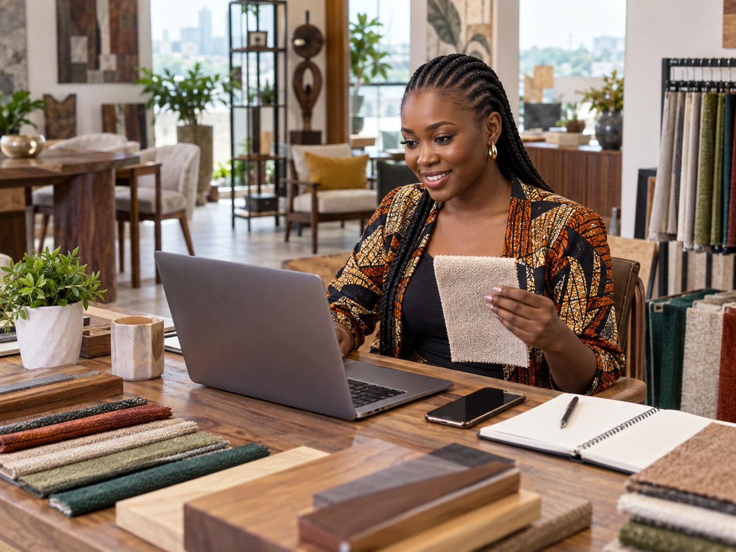 Nigerian furniture studio owner helping an online customer