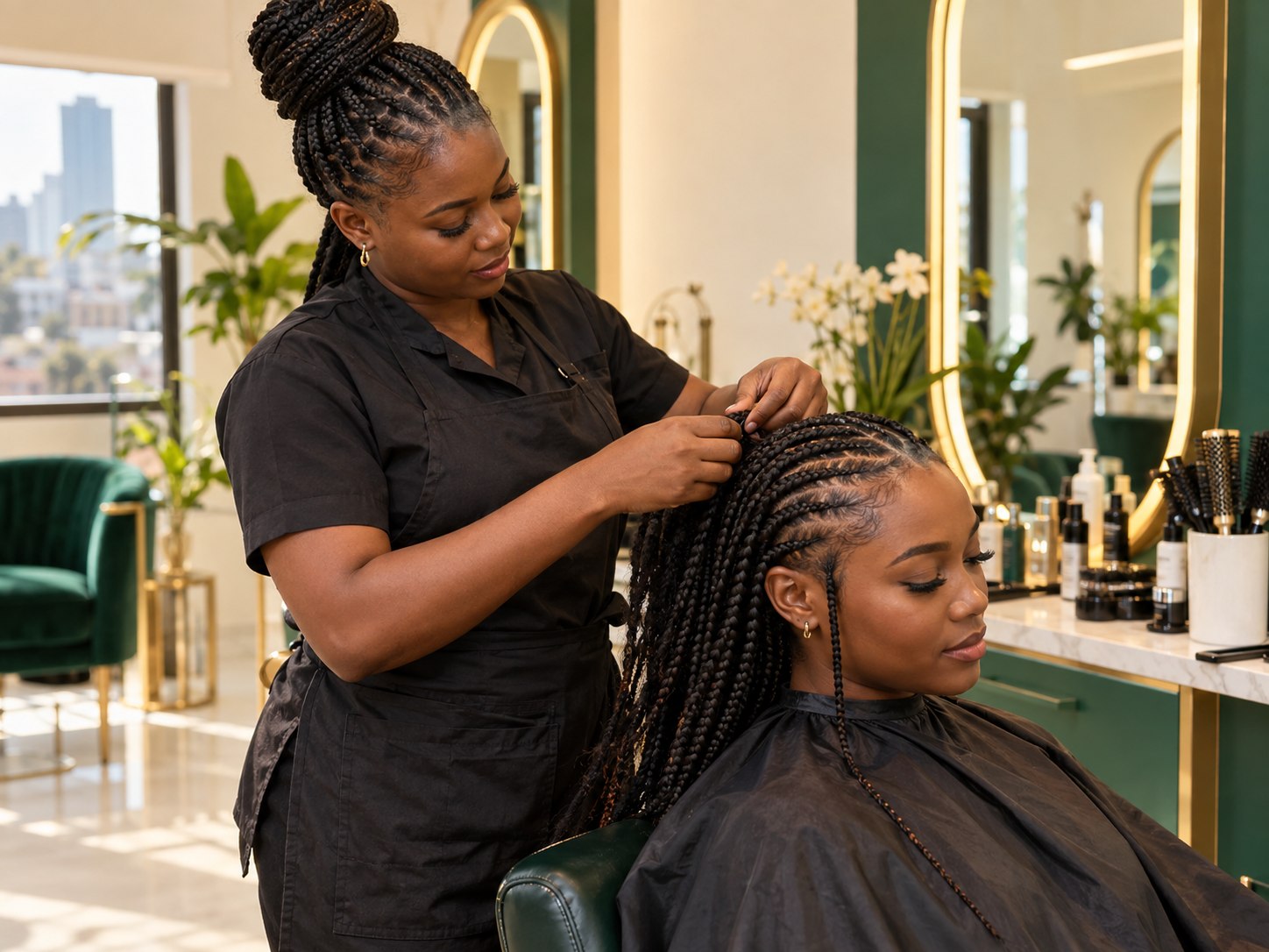 Nigerian hairstylist finishing braids for a client